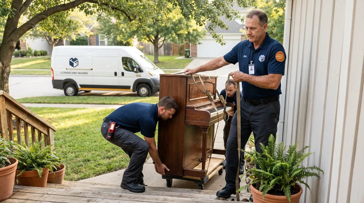 Licensed piano movers securing grand piano in Glenmora, LA
