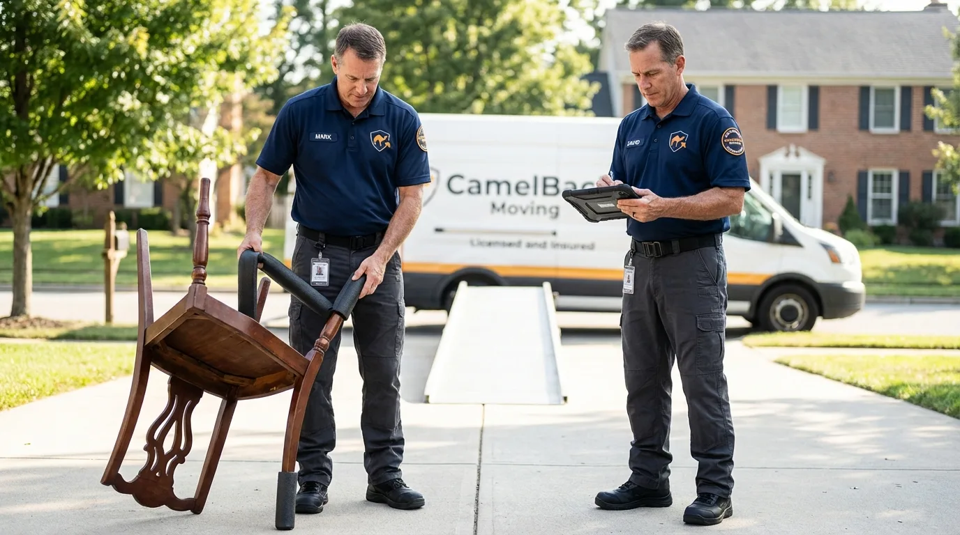 Movers inspecting furniture for damage prevention before loading in Glenmora, LA